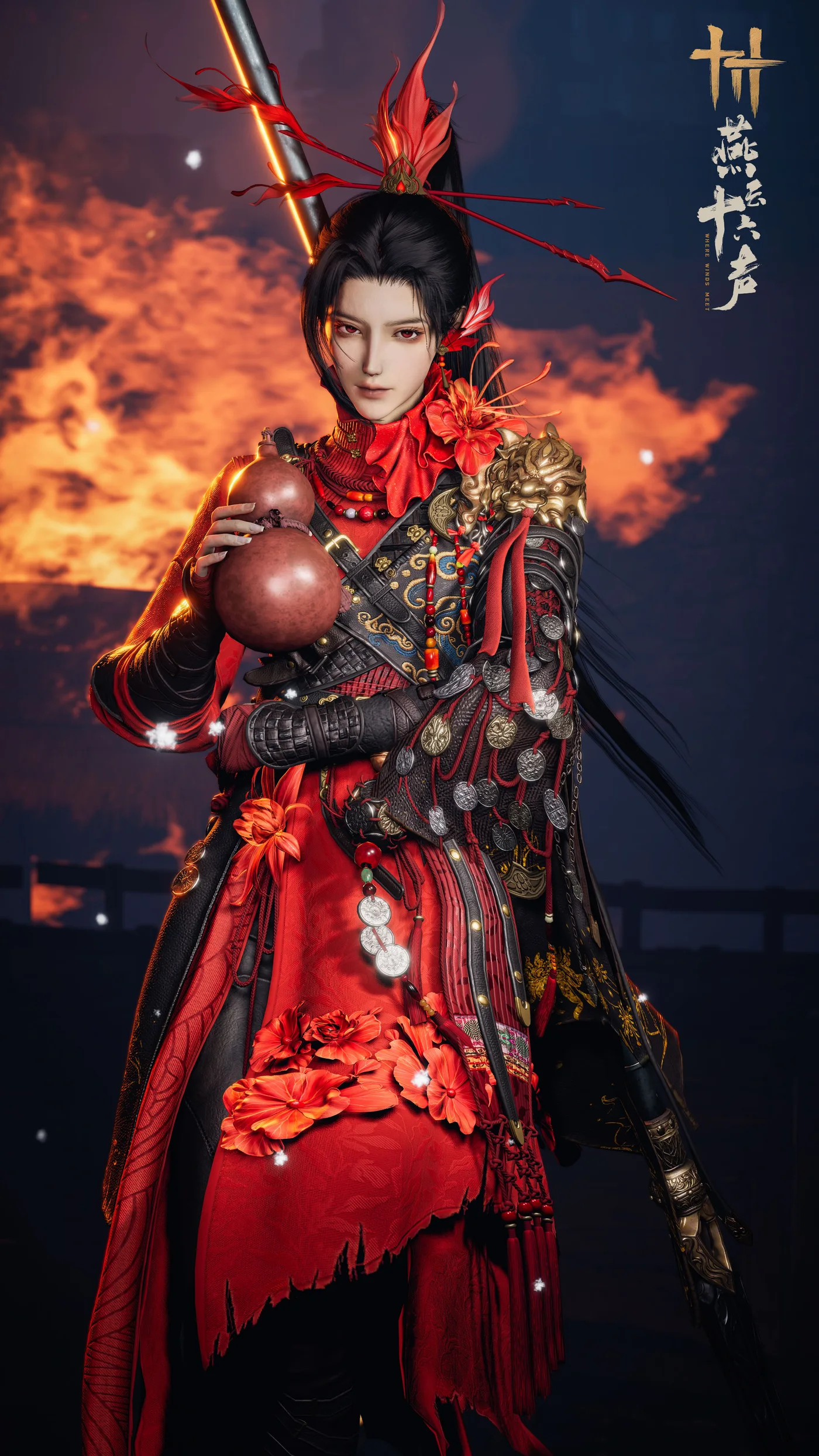 Blazing Conquest female CN reference: red flowers, gold beast armor, and gourd